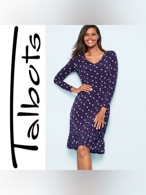 Talbots Navy Blue Heart Print A-Line Faux Wrap Ruffle Sheath Dress, Size 8P, EUC